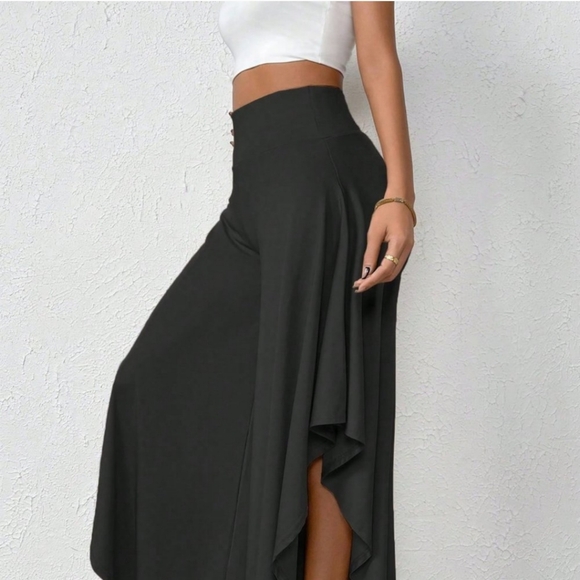 Black Preppy Womens High Waist Asymmetrical Hem Wide Leg Pants - Picture 5 of 5